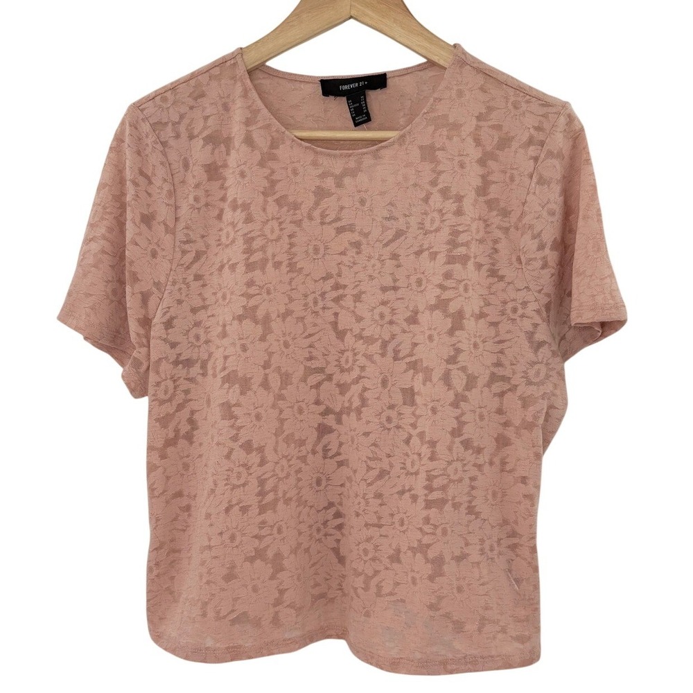 NWT Forever 21 Plus Size Dusty Pink Floral Lace Short‎ Sleeve Crew Neck Top 1X